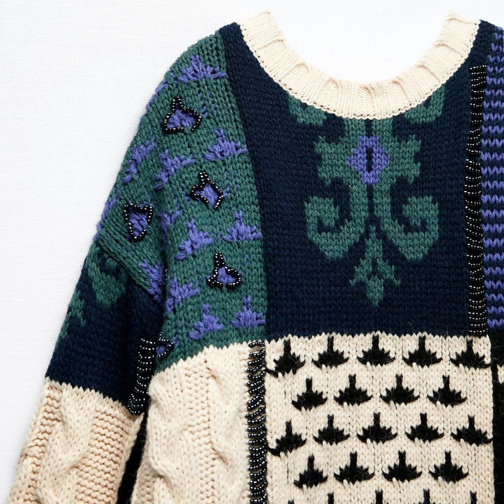 NEW Zara Patchwork Wool Blend Beaded Applique Oversize Limited Edition Sweater M - Picture 9 of 16
